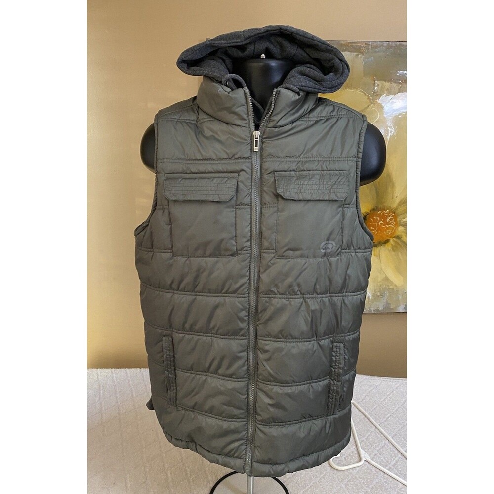 Ecko Unltd  Puffy Puffer Vest/Hoodie Army Green With Gray Hood Men’s Small.